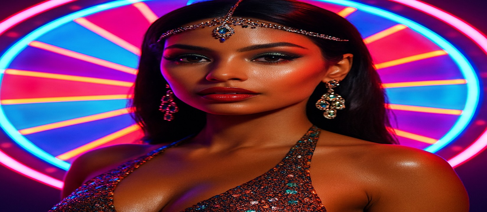 চাকার সামনে উজ্জ্বল পোশাবে একজন নারী, পাশাপাশি a999-র একটি রঙিন গেমিং